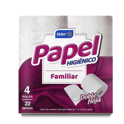 Papel Higiénico Familiar Doble Hoja 22 Metros, 4 Un