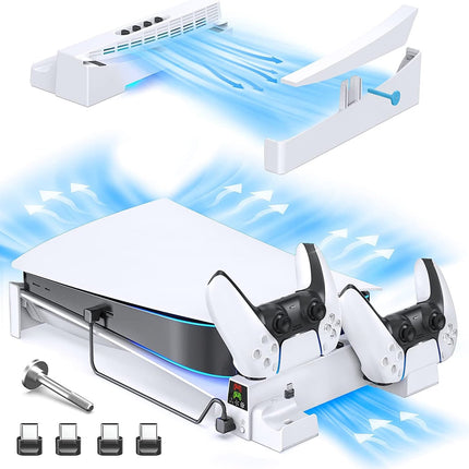 Soporte horizontal con ventilador de refrigeración de 3 niveles y cargador de controladores para consola Playstation 5, estación de enfriamiento con estación de carga