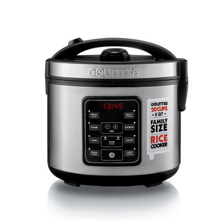 Hervidor de arroz Gourmia, capacidad de 5 litros, 20 tazas con 6 preajustes de acero inoxidable