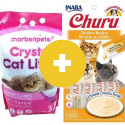 Pack 1 churu sabor pollo + 1 arena cristal marben pets