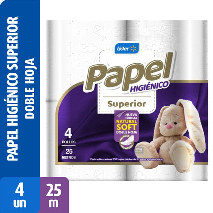 Papel Higiénico Superior Doble Hoja 25 m, 4 Un