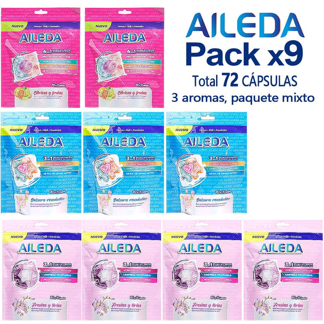 Detergente En Cápsulas Aileda Pods En Total 72 Uni Con 3 fragancias diferentes （Cítricos y frutas 2 bolsa，sakura 3 bolsa，Fresias y lirios 4 bolsa）