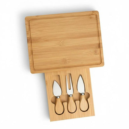 Tabla Rectangular de Bambú para Quesos con 3 Herramientas de Acero Inoxidable