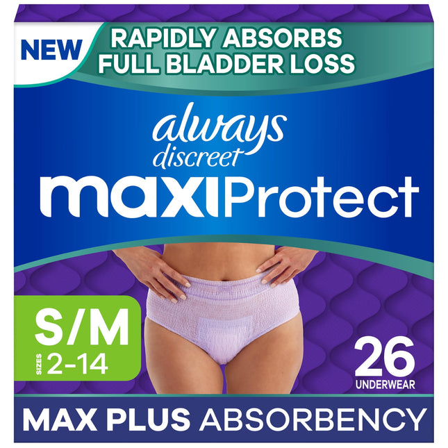 Pañales para adultos Always Discreet MaxiProtect para mujer, talla S/M, 16 unidades