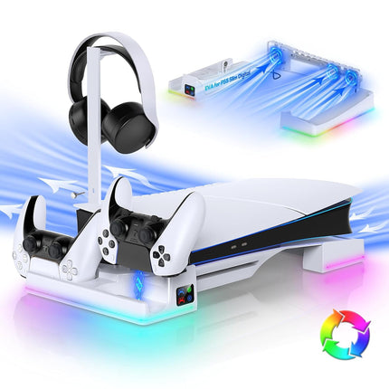PS5 PRO Digital y PS5 Slim RGB Soporte Horizontal Y Estación De Refrigeración Automática Con Ventilador De 3 Engranajes, Cargador De Mando PS5 Para PlayStation 5-Blanco