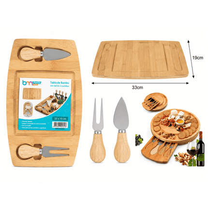 Tabla de Bambú Multiuso para Quesos y Picoteos con Set de 2 Accesorios Acero Inoxidable