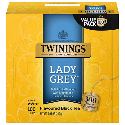 Té negro Tea Twinings Lady Grey, 100 bolsitas de té con cafeína