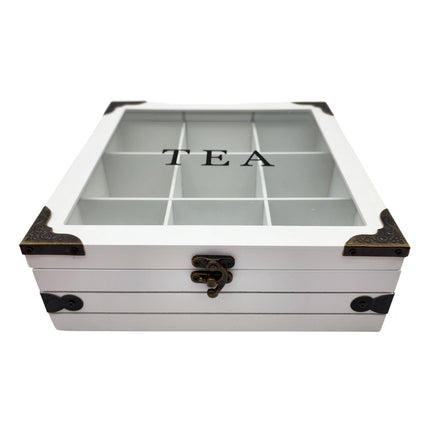 Caja De Té 9 Divisiones Tapa Con Diseño Decorativa Decohogar blanco