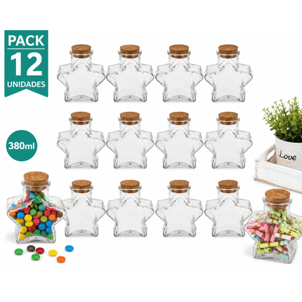 Pack 12 Frascos Vidrio Forma Estrella 380ml con Corcho Ideal Regalos Dulces Eventos Decoración