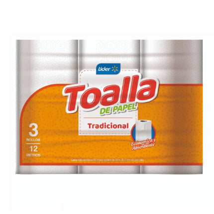 Toalla de Papel Tradicional Doble Hoja 12 m, 3 Un