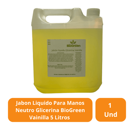 Jabon Liquido Para Manos Neutro Glicerina BioGreen Vainilla 5 Litros Unidad