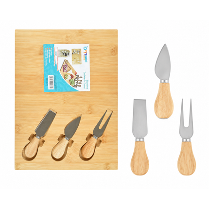 Tabla de Bambú Multiuso para Quesos, Picoteos, Fiambres y Aperitivos con Set de 3 Cuchillos de Acero Inoxidable