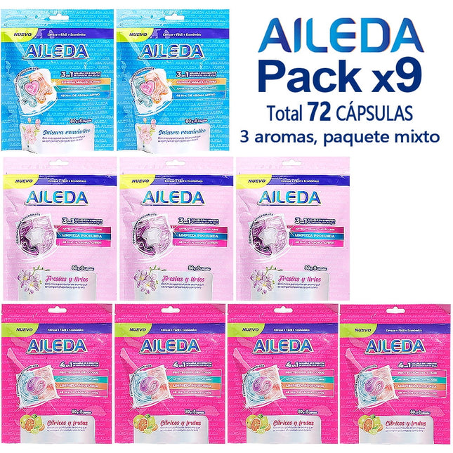 Detergente En Cápsulas Aileda Pods En Total 72 Uni Con 3 fragancias diferentes （Cítricos y frutas 4 bolsa，sakura 2 bolsa，Fresias y lirios 3 bolsa）