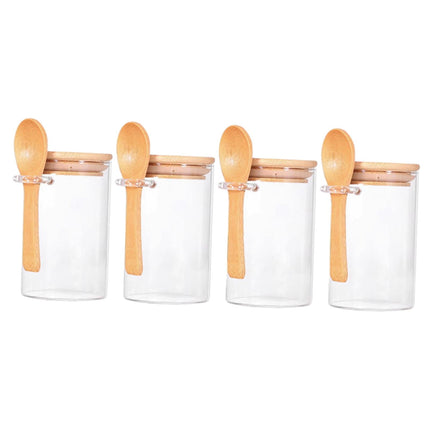 Juego De 4 Tarros De Cristal Con Tapas De Bambú Y Cucharas De Madera Para Harina De Azúcar Dulce