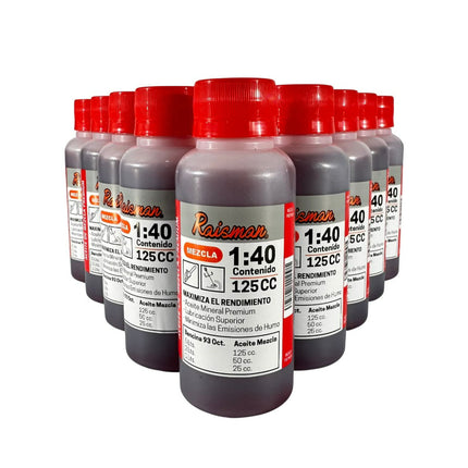 ACEITE RAISMAN® PARA MEZCLA 1:40 DE MOTOSIERRAS ORILLADORAS DESBROZADORAS 125ml 15 UNIDADES