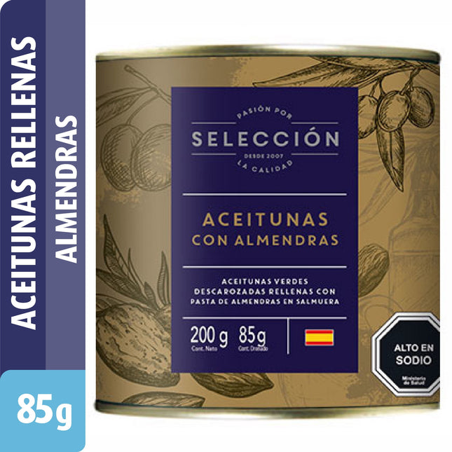 Aceitunas Rellenas con Almendras, Drenado 85 g - Neto 200 g | Apishop