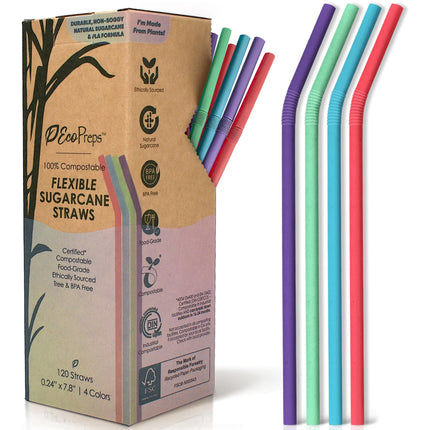 Pajitas compostables para caña de azúcar EcoPreps, 120 unidades, multicolor