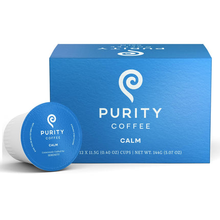 Cápsulas de café Purity Coffee CALM, descafeinado, tostado medio, caja de 12 unidades