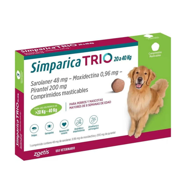 Simparica Trio Antiparasitario Interno Y Externo 20 A 40 Kg 3 Comp