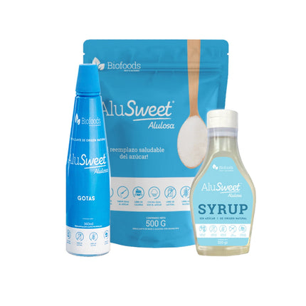 Pack Mix AluSweet Alulosa : Polvo 500g + Gotas 360ml y + Syrup 320g