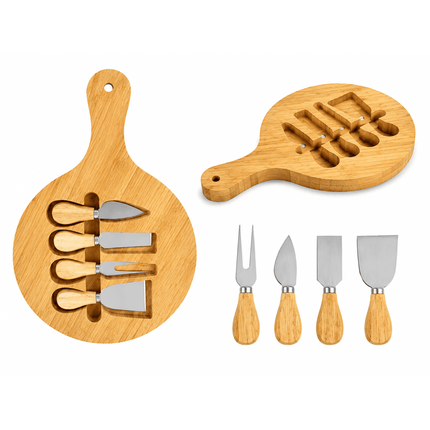 Tabla de Bambú Redonda para Quesos y Picoteos con Set de 4 Cuchillos