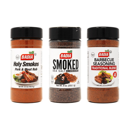 Pack Ahumados Badia  - Holy Smokes, Sal Ahumada y BBQ Seasoning para Parrilla