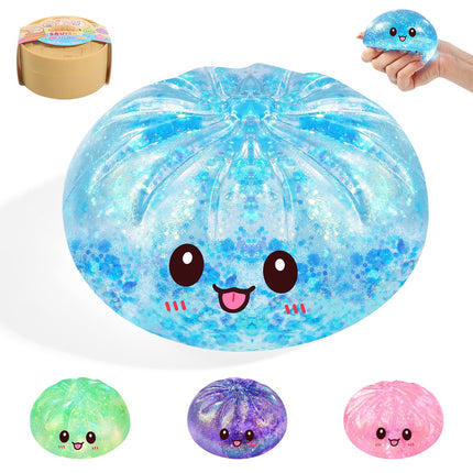Dumpling squishy con glitter relleno de azúcar y glitter, color azul