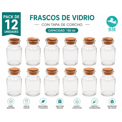 Frascos de Vidrio 150ml Pack 12 con Tapa Corcho Botellas Decorativas Dulces Regalos BM