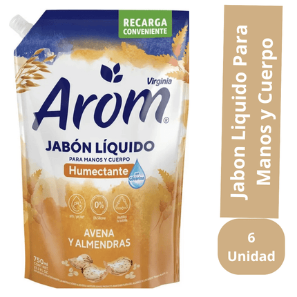 Jabon Liquido Para Manos y Cuerpo Humectante Avena y Almendra Arom 750 ml Pack 6 Unidades