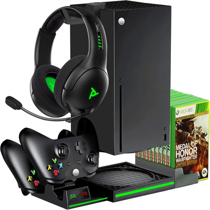 Soporte de refrigeración para Xbox Series X - Estación de carga de doble mando con 2 baterías recargables, 10 ranuras para juegos y soporte para auriculares-Negro