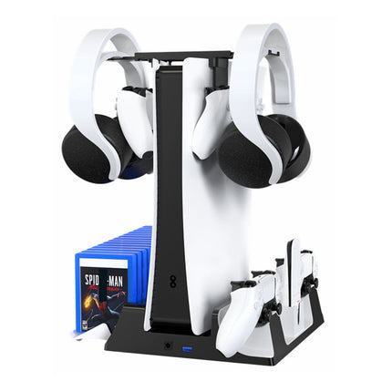 Base de refrigeración multifuncional para PlayStation 5 con muelle de carga para controles, soporte para auriculares y almacenamiento de discos