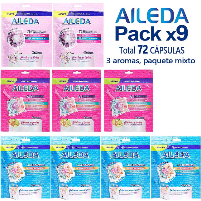 Detergente En Cápsulas Aileda Pods En Total 72 Uni Con 3 fragancias diferentes （Cítricos y frutas 3 bolsa，sakura 4 bolsa，Fresias y lirios 2 bolsa）