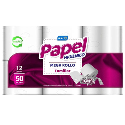Papel Higiénico Doble Hoja 50 m, 12 Un