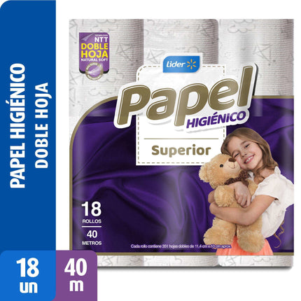 Papel Higiénico Superior Doble Hoja 40 Metros, 18 Un