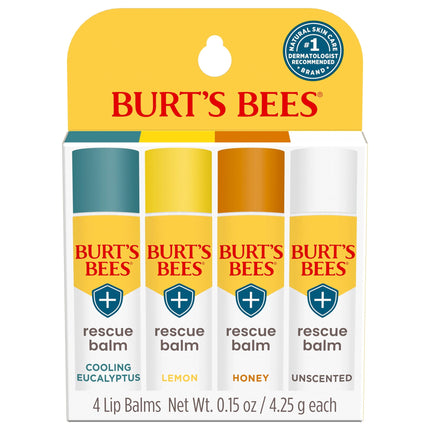 Bálsamo labial Burt's Bees Rescue, refrigeración 100% natural, 4 tubos