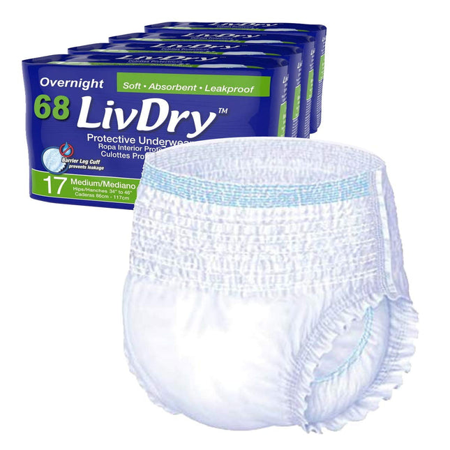 Pañales para adultos Overnight LivDry M para mujeres y hombres, paquete de 68