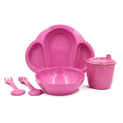 Juego de 5 Utensilios para Bebés Color Rosado – Material Ecológico de Cáscara de Arroz