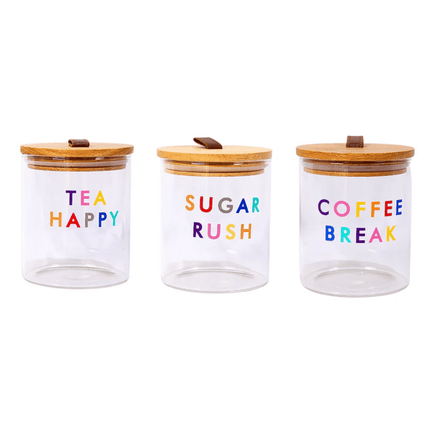 Set 3 Frascos Vidrio Té Café Azúcar Tapa Madera Transparente