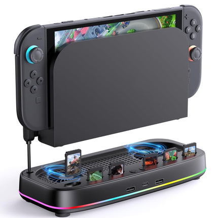 Ventilador de refrigeración para Nintendo Switch 2 Dock con doble ventilador, 3 velocidades ajustables, modos de luz RGB, 6 ranuras para tarjetas de juego, 3 puertos USB y base de disipación de calor