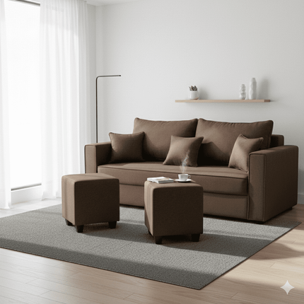 Living Aurelia 3 Cuerpos + 2 Pouf Tela CHOCOLATE