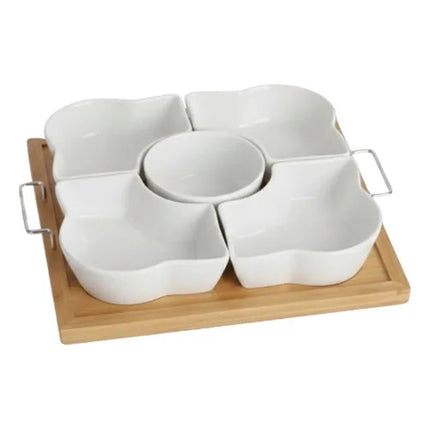 Juego Soporte Snacks Servir Salsas 5 Cuencos Base Bambú Jhn