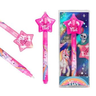 Bolígrafo mágico rosado con luz y tinta invisible del dulce unicornio Ylvi