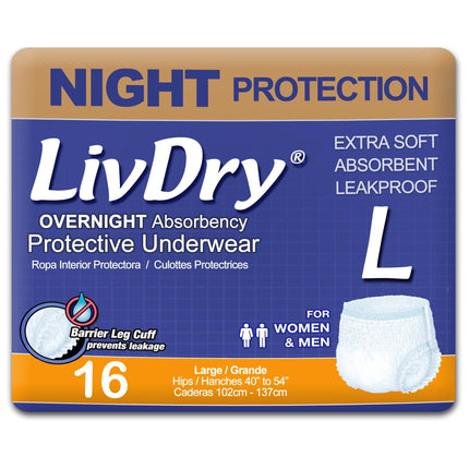 Pañales para adultos LivDry, ropa interior para incontinencia nocturna, tamaño grande