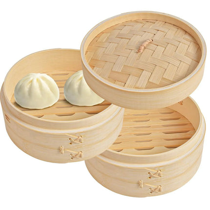 Juego de Vaporeras de Bambú - 28cm Grande para Dumplings de 2 Niveles para Ollas - Cocina Asiática Dim Sum Bao Buns Momo Arroz - Kit de Vaporeras Chinas Naturales
