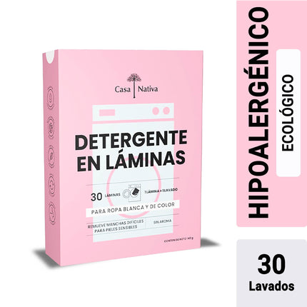 Detergente hipoalergénico en láminas biodegradables, sin aroma, 30 Un