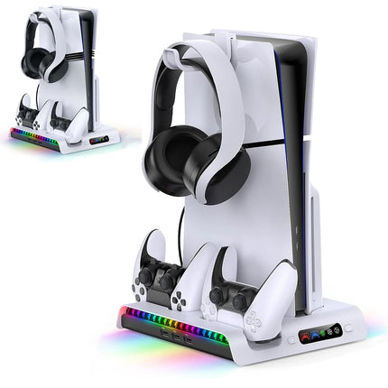 Soporte de carga con ventilador de refrigeración para consola PS5 Pro/Slim, estación de carga vertical para controladores con 9 luces RGB, gancho para auriculares y ventilador silencioso de 3 niveles
