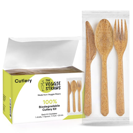 Kit de cubiertos The Veggie Straws biodegradables, 25 juegos (tenedor, cuchara, cuchillo)
