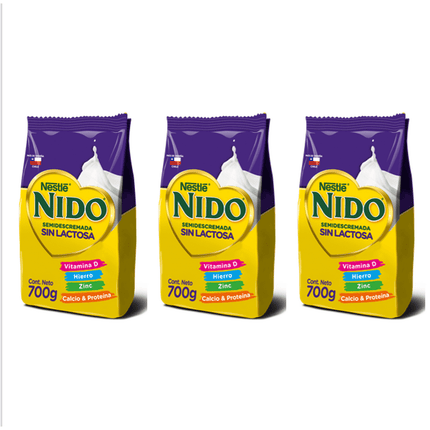 Pack 3 Leche En Polvo Nido Semidescremada S/lactosa Bolsa 700g