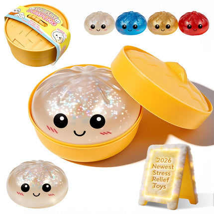 Caja misteriosa de dumpling squishy con glitter, sin gluten, con vaporera