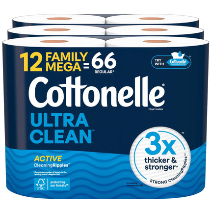 Papel higiénico Cottonelle Ultra Clean de 1 capa, 12 rollos familiares